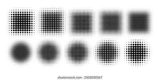 Circle halftone. Abstract dotted circles, round halftones geometric dots gradient and pop art texture. Dot spray gradation vector set. Illustration halftone gradient spotted, effect round