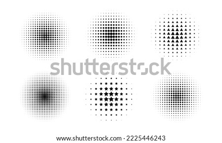 Circle halftone. Abstract dotted circles, round, star, hexagon,triangle halftones geometric dots gradient and pop art texture. Illustration halftone gradient spotted, effect round.