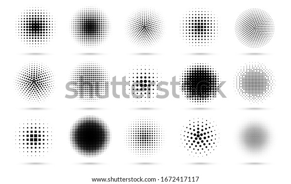 Circle halftone. Abstract dotted circles, round\
halftones geometric dots gradient and pop art texture. Dot spray\
gradation vector set. Illustration halftone gradient spotted,\
effect round