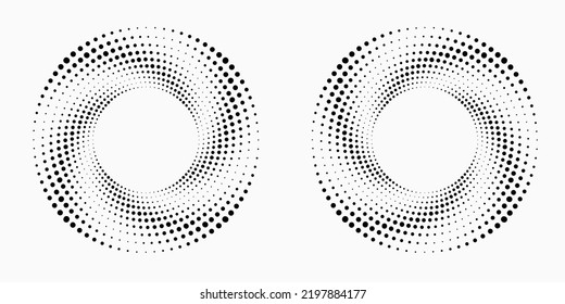 Circle with halftone black dots as advertising background or logo or icon. Design spiral dots backdrop. Abstract monochrome background. Vector-art illustration.