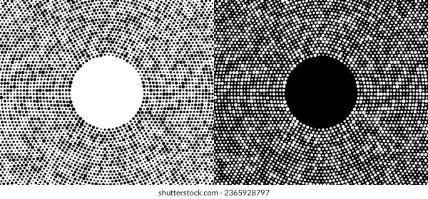 Circle with halftone black dots as advertising background or logo or icon. A black figure on a white background and an equally white figure on the black side.