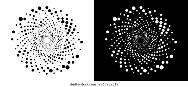 Circle with halftone black dots as advertising background or logo or icon. A black figure on a white background and an equally white figure on the black side.