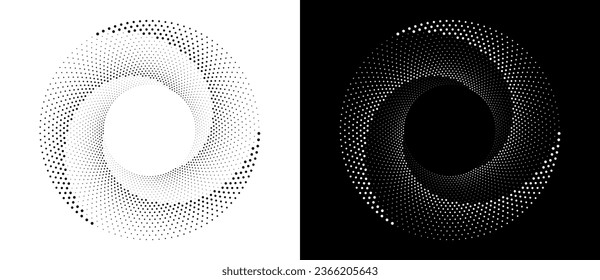 Circle with halftone black dots as advertising background or logo or icon. A black figure on a white background and an equally white figure on the black side.