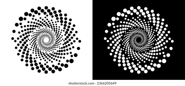 Circle with halftone black dots as advertising background or logo or icon. A black figure on a white background and an equally white figure on the black side.