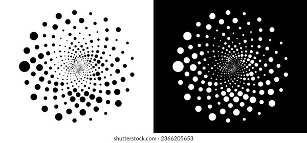 Circle with halftone black dots as advertising background or logo or icon. A black figure on a white background and an equally white figure on the black side.