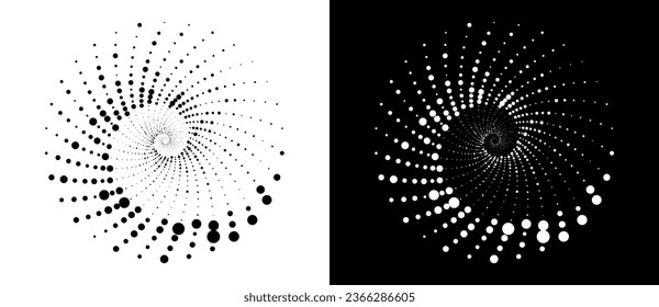 Circle with halftone black dots as advertising background or logo or icon. A black figure on a white background and an equally white figure on the black side.