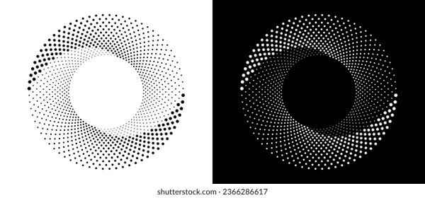 Circle with halftone black dots as advertising background or logo or icon. A black figure on a white background and an equally white figure on the black side.