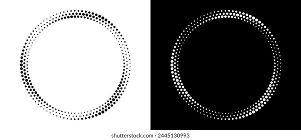 Círculo con puntos negros de semitonos como fondo publicitario o logotipo o icono. Una figura negra sobre fondo blanco y una figura igualmente blanca en el lado negro.