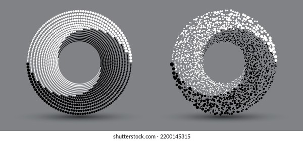 Circle with halftone black and white dots as advertising background or logo or icon. Design spiral dots backdrop with order and chaos. Vector-art illustration. Yin and Yang endless symbol.