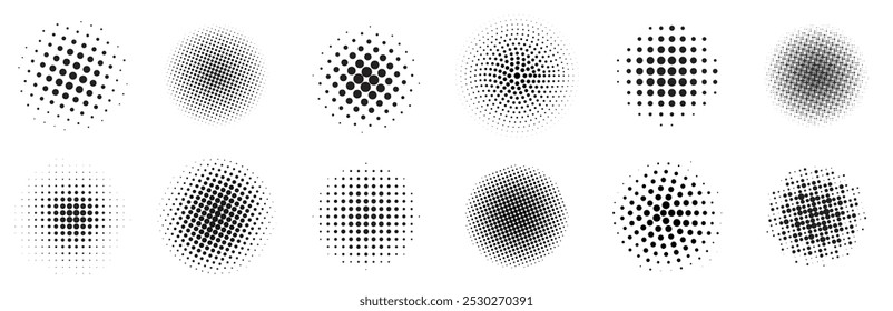 Colección de semitono circular. Fondos de puntos semitonos negros, degradado de puntos geométricos semitonos redondos.