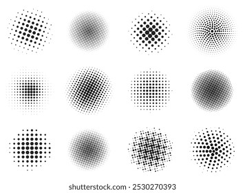 Circle halftone collection. Black halftone dots backgrounds, round halftones geometric dots gradient.