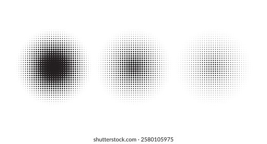 Circle halftone collection. Black halftone dots backgrounds, round halftones geometric dots gradient background modern