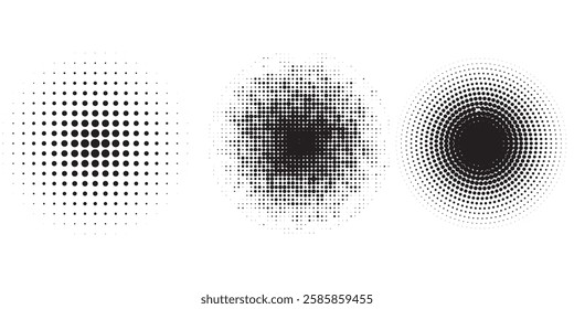 Circle halftone collection. Black halftone dots backgrounds, round halftones geometric dots  modern background halftone arts