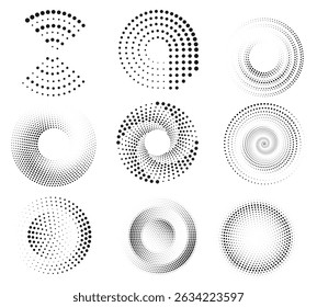 Colección de semitono circular con Gradientes de puntos geométricos negros. Fondos redondos de medio tono perfectos para el Diseño gráfico moderno.