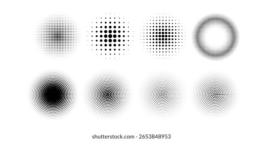 Circle halftone collection. Circular dotted frames set. Dots circle texture. Round black halftones geometric dots gradient. eps 10