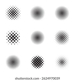 Circle halftone collection. Round black gradient halftone dots elements.