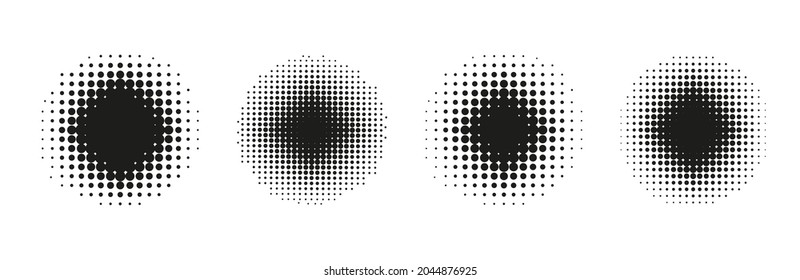 Circle halftone. Comic dotted radial pattern. Set abstract gradient. Pop art print with half tone effect. Vector illustration. Black spray texture on white background. Gradation spotted image