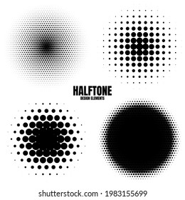 Circle halftone design elements with black dots isolated on white background. Comic dotted pattern.Vector illustration.