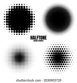 Circle halftone design elements with black dots isolated on white background. Comic dotted pattern.Vector illustration.