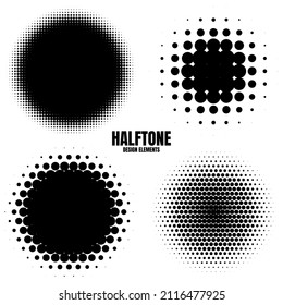 Circle halftone design elements with black dots isolated on white background. Comic dotted pattern.Vector illustration.