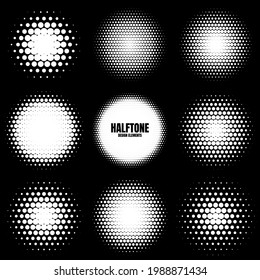 Circle halftone design elements with white dots. Comic dotted pattern.Vector illustration.