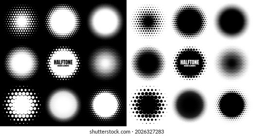 Circle halftone design elements with white and black dots. Comic dotted pattern.Vector illustration.