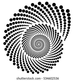 Circle halftone element, circular half-tone pattern. Spiral, vortex, swirl shape.