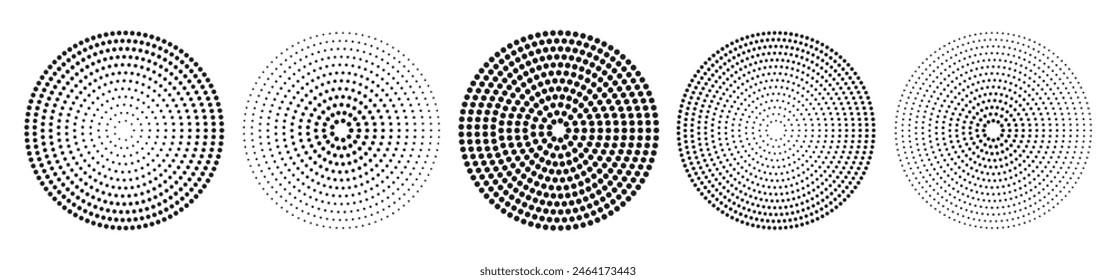 Circle halftone set. Abstract doted circles element. Round halftones geometric dots gradient and pop art texture. Isolated on transparent background.