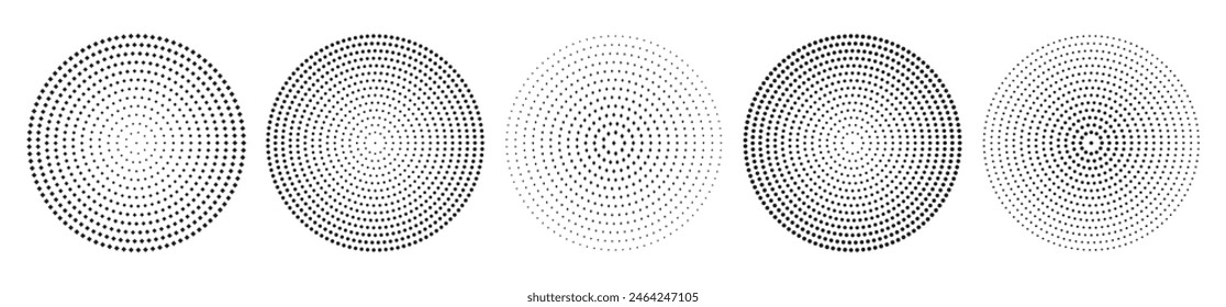 Circle halftone set. Abstract doted, rectangle, ellipse, polygon decoration element. Round halftones geometric dots gradient and pop art texture.