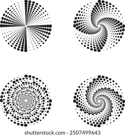 Circle halftone set. Abstract doted, rectangle, ellipse, polygon decoration element. Round halftones geometric dots gradient and pop art texture.
