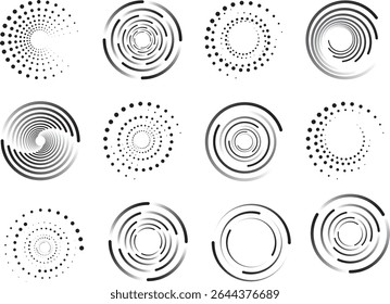 Circle halftone set. Dot pattern. Half tone round logo isolated graphic elements, abstract texture icon, round frame, shadow gradient effects, ring bubble, geometric minimal. Vector design effect