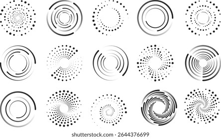 Circle halftone set. Dot pattern. Half tone round logo isolated graphic elements, abstract texture icon, round frame, shadow gradient effects, ring bubble, geometric minimal. Vector design effect