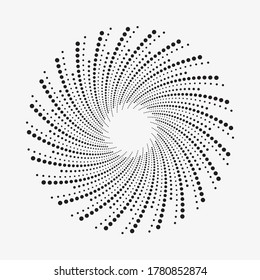 Recorrido circular en espiral de medio tono. Círculo concéntrico abstracto, espiral, giratorio, elemento giratorio. Dosis circulares y radiales helix. Elemento de diseño con puntos para uso multipropósito.