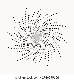 Circle halftone spiral background. Concentric dots abstract circle frame. Circular and radial dots helix. Segmented circle with rotation. Spiral, swirl, twirl vector design for various purposes.