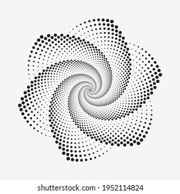 Elemento de puntos de espiral de semitono. Resumen de fondo monocromo. Diseño del logotipo de semitono. Patrón espiral, giratorio, giratorio. Diseño de tela. Elemento de diseño de vectores.
