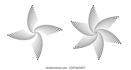 Circle halftone spiral background. Dots abstract concentric floral element. Spiral, swirl, twirl element. Circular and radial dots helix. Segmented circle with rotation. 