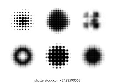 Circle halftones isolated. abstract dotted circles, round halftones geometric dots. vector illustration