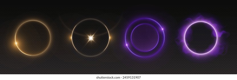 Circle halo light with overlay effect on transparent background. Realistic 3d vector illustration set of yellow and purple neon glow ring with sparkle, flare and smoke cloud. Circular magic frame.