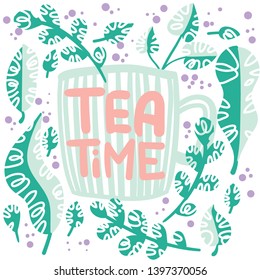 Circle hand drawn frame with blossom and text composition. Flower nature frame. Tea time. Clip art in cartoon style. Ideal for decoration, packaging, postcards.