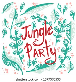 Circle hand drawn frame with blossom and text composition. Flower nature frame for text. Clip art in cartoon style. Ideal for decoration, packaging, postcards. Jungle party.