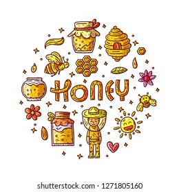 Circle hand drawn illustration. Honey banner concept. Doodle style isolated elements on white background