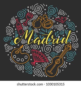 The circle of hand drawn illustration with lettering, Madrid and Spain symbols. Can be used for souvenir products. 
