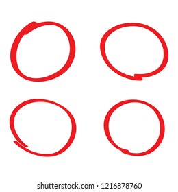 Circle hand drawn isolated on white background. Collection of different hand drawn red circles. For web site, logo and text check. Vector illustration