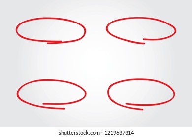 Circle hand drawn isolated on gray background. Collection of different hand drawn red circles. For web site, logo and text check. Vector illustration