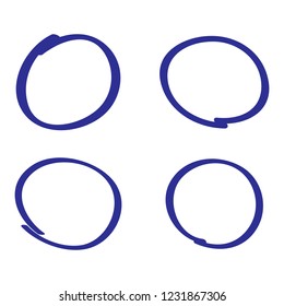 Circle hand drawn isolated on white background. Collection of different hand drawn blue circles. For web site, logo and text check. Vector illustration