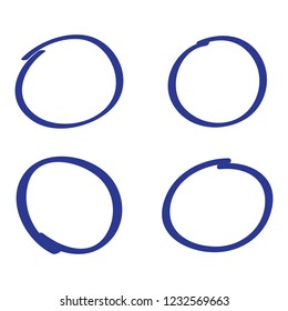 Circle hand drawn isolated on white background. Collection of different hand drawn blue circles. For web site, logo and text check. Vector illustration