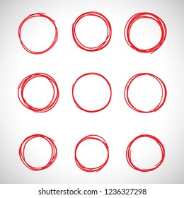 Circle hand drawn isolated on white background. Collection of different hand drawn red circles. For web site, logo and text check. Vector illustration