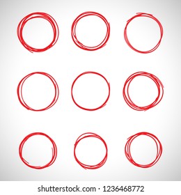 Circle hand drawn isolated on white background. Collection of different hand drawn red circles. For web site, logo and text check. Vector illustration