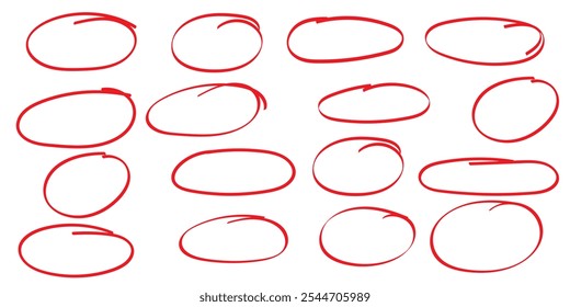 Círculo dibujado a mano aislado sobre fondo blanco. Colección de diferentes círculos rojos dibujados a mano. Para el Sitio web, logotipo y verificación de texto. 333