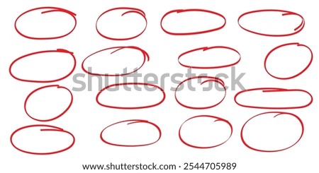 Circle hand drawn isolated on white background. Collection of different hand drawn red circles. For web site, logo and text check. 333